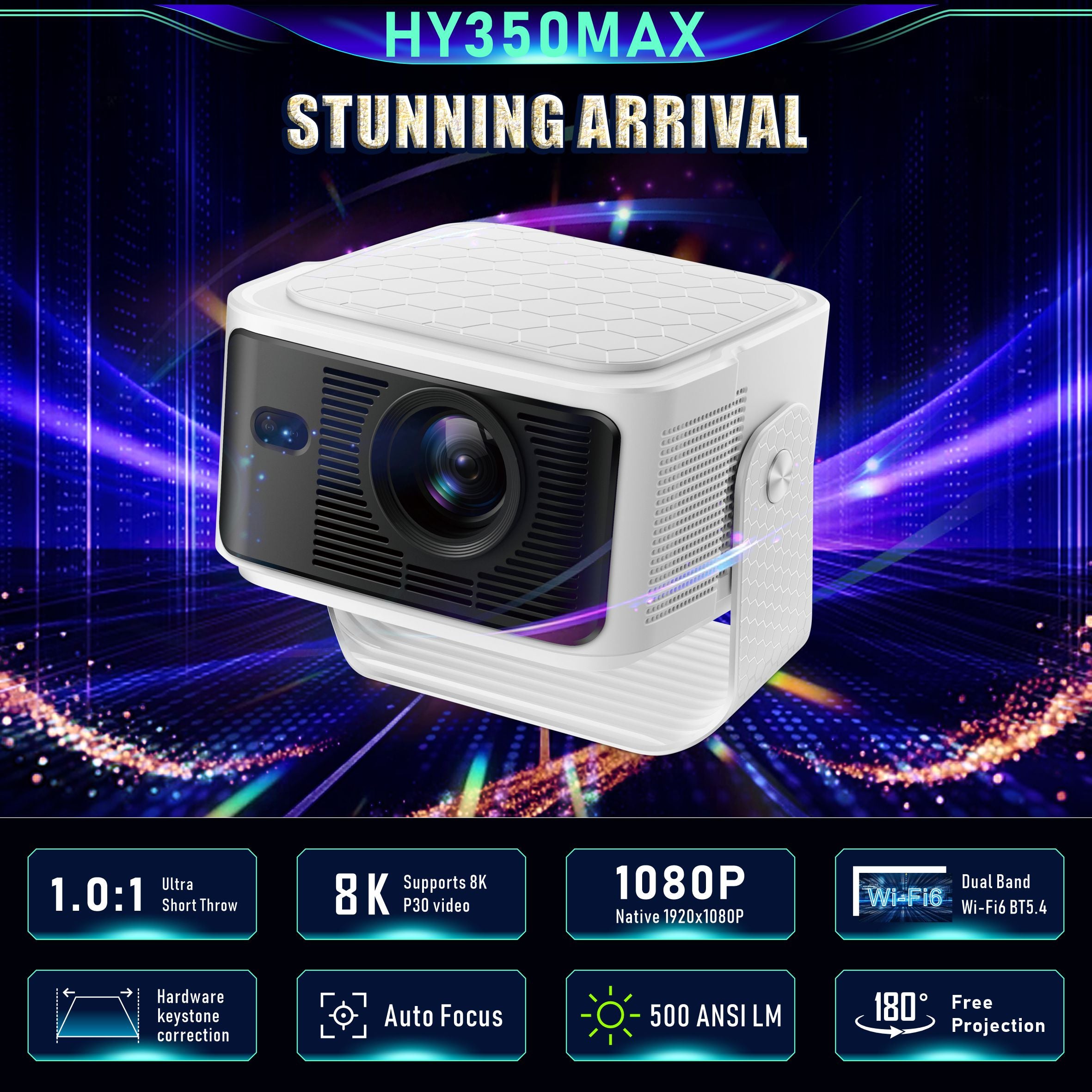 WEXC HY350MAX Smart Projector Native 1080P 500 ANSI Auto Focus