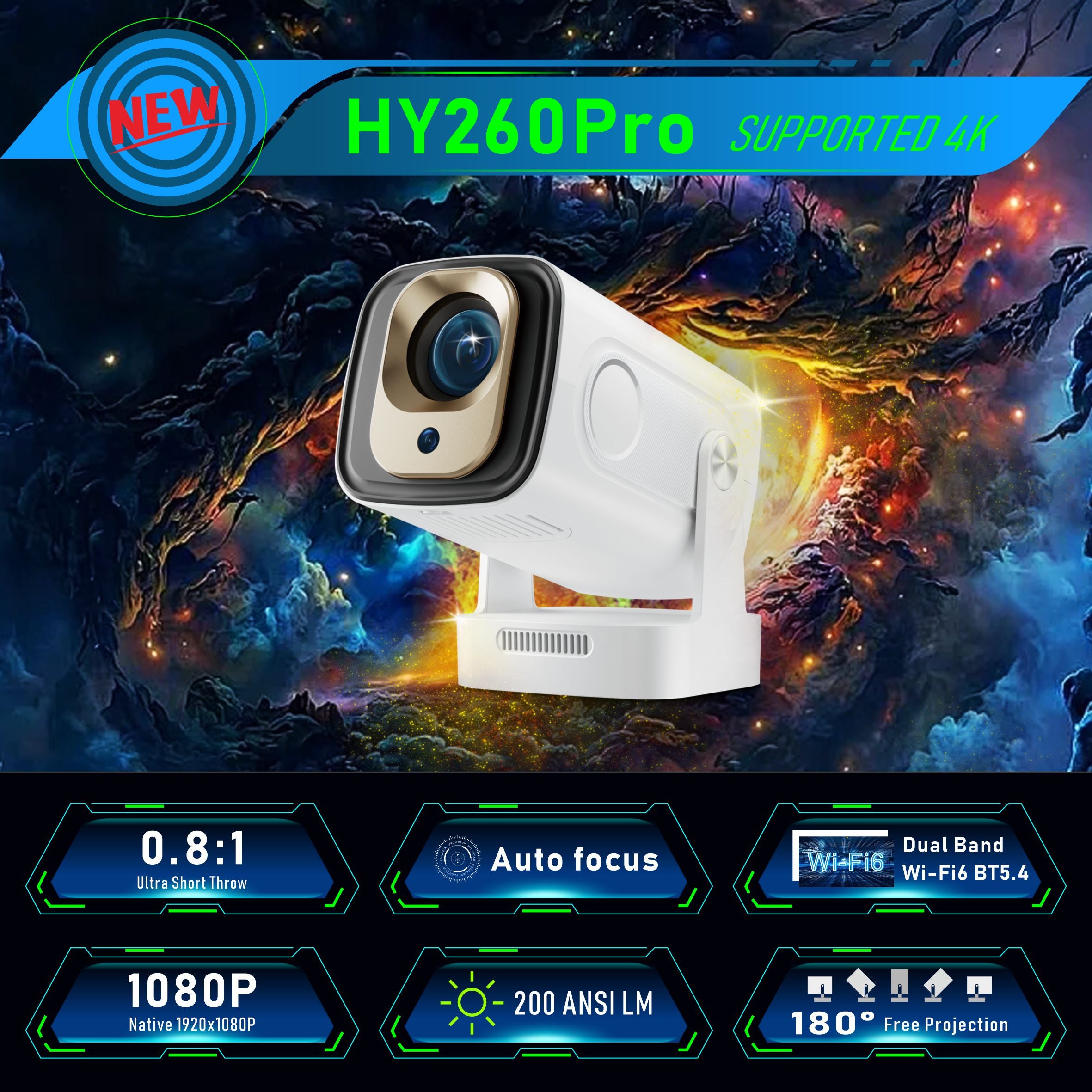 WEXC HY260 Pro Smart Projector Native 1080P 200 ANSI Auto Focus WiFi 6