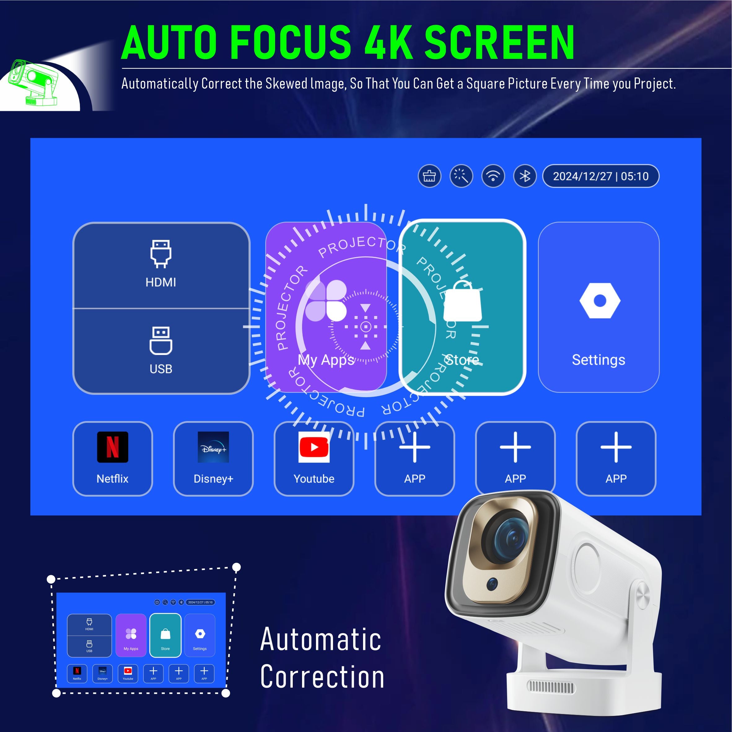WEXC HY260 Pro Smart Projector Native 1080P 200 ANSI Auto Focus WiFi 6